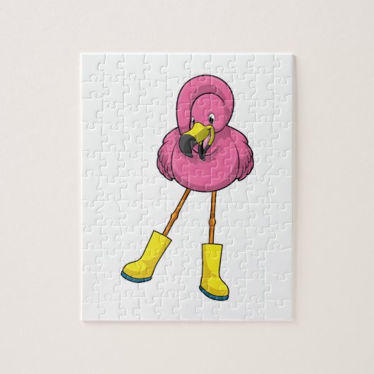 Flamingo bij regenen met rubberlaarzen legpuzzel (Verticaal)
