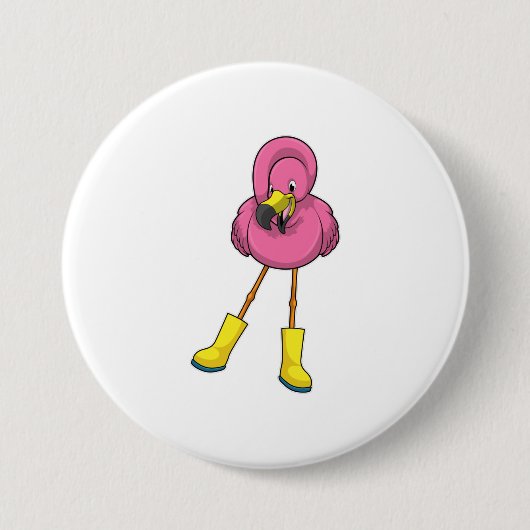 Flamingo bij regenen met rubberlaarzen ronde button 7,6 cm (Voorkant)