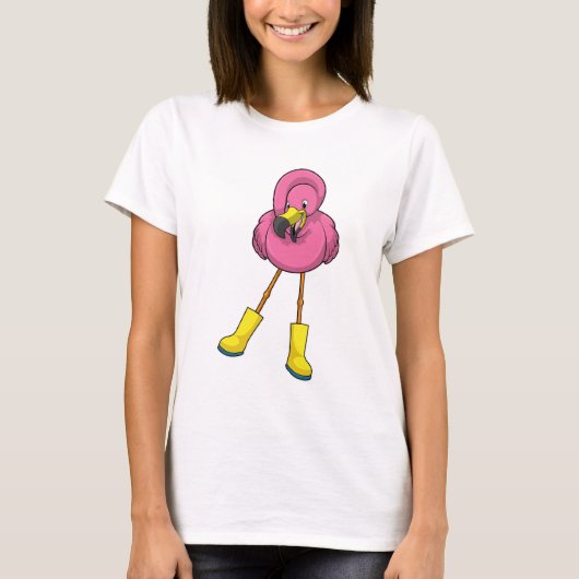 Flamingo bij regenen met rubberlaarzen t-shirt (Voorkant)