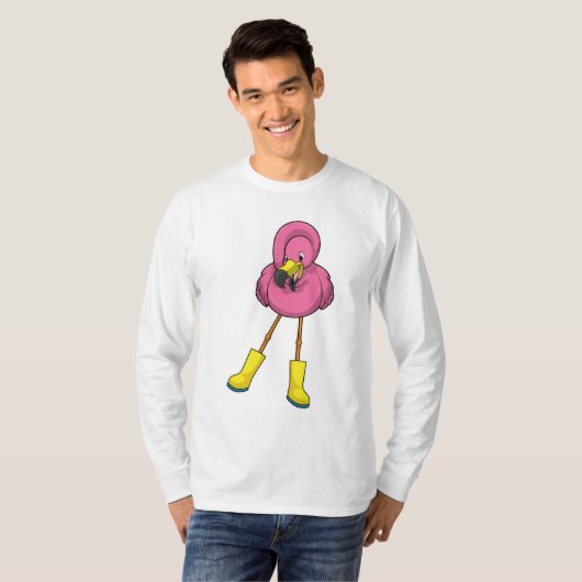 Flamingo bij regenen met rubberlaarzen t-shirt (Voorkant volledig)