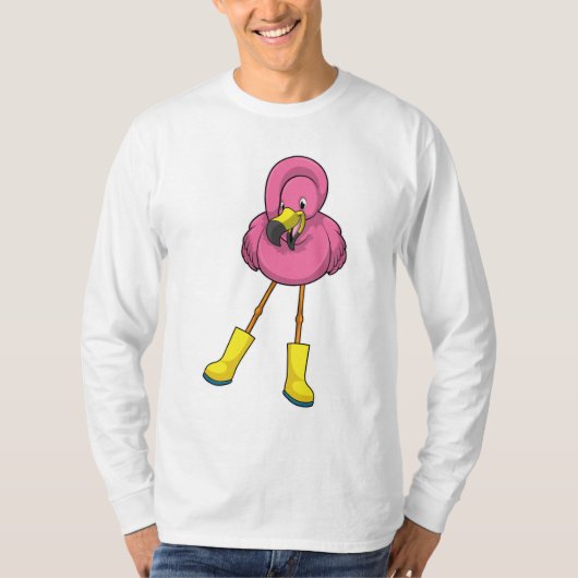 Flamingo bij regenen met rubberlaarzen t-shirt (Voorkant)