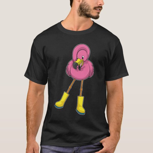 Flamingo bij regenen met rubberlaarzen t-shirt (Voorkant)