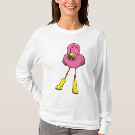 Flamingo bij regenen met rubberlaarzen t-shirt (Voorkant)