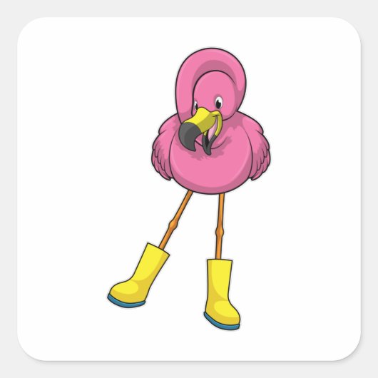 Flamingo bij regenen met rubberlaarzen vierkante sticker (Voorkant)