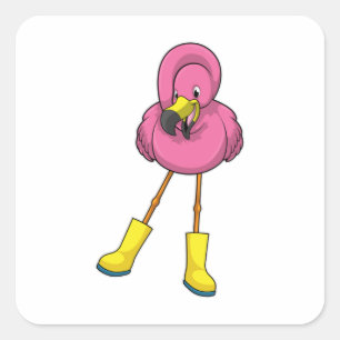 Flamingo bij regenen met rubberlaarzen vierkante sticker