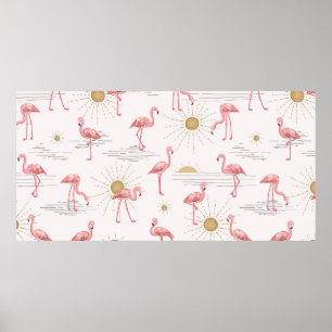 Flamingo bij zonsondergang, naadloos getekend doed poster