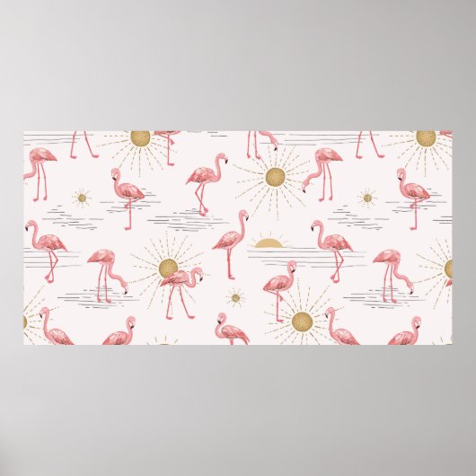 Flamingo bij zonsondergang, naadloos getekend doed poster (Voorkant)