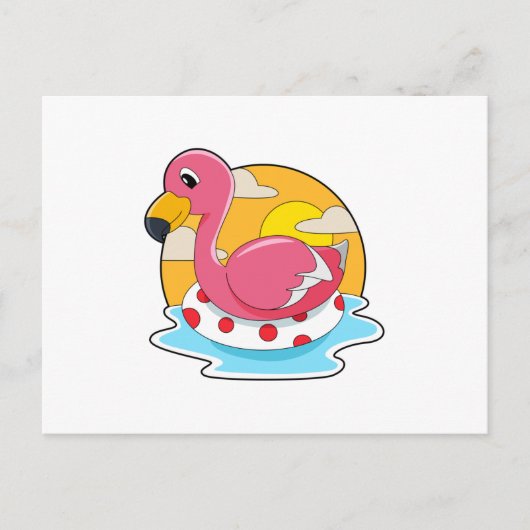 Flamingo bij zwemmen met reddingsboei briefkaart (Voorkant)