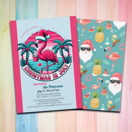 Flamingo Bird met Pet Christmas in July Party Kaart