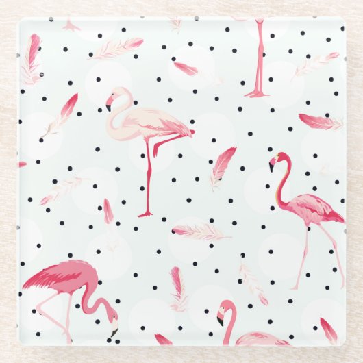Flamingo Bird met veren Glazen Onderzetter (Voorkant)