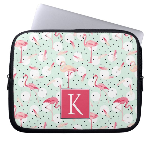 Flamingo Bird met veren | Voeg je Initiaal toe Laptop Sleeve (Voorkant)