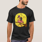 Flamingo Bird Riding Broom With Black Cat Hallowee T-shirt (Voorkant)