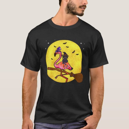 Flamingo Bird Riding Broom With Black Cat Hallowee T-shirt (Voorkant)