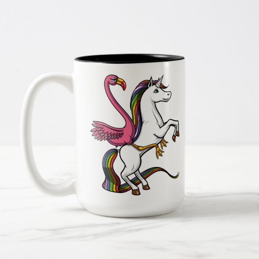 Flamingo Bird Riding Magical Unicorn Tweekleurige Koffiemok (Links)