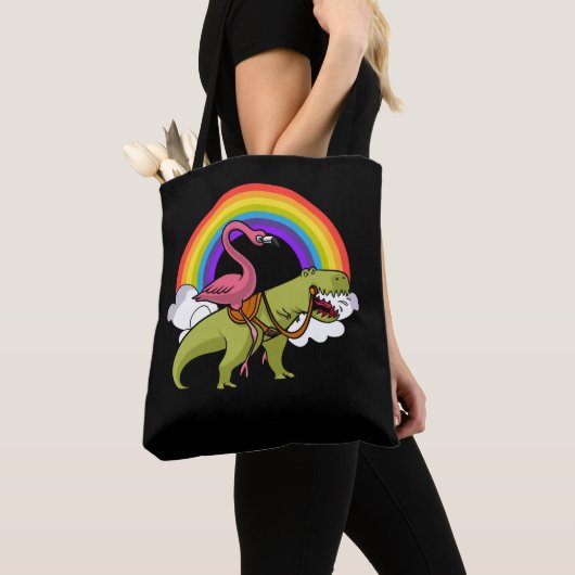 Flamingo Bird Riding T-Rex Dinosaur Rainbow Tote Bag (Dichtbij)