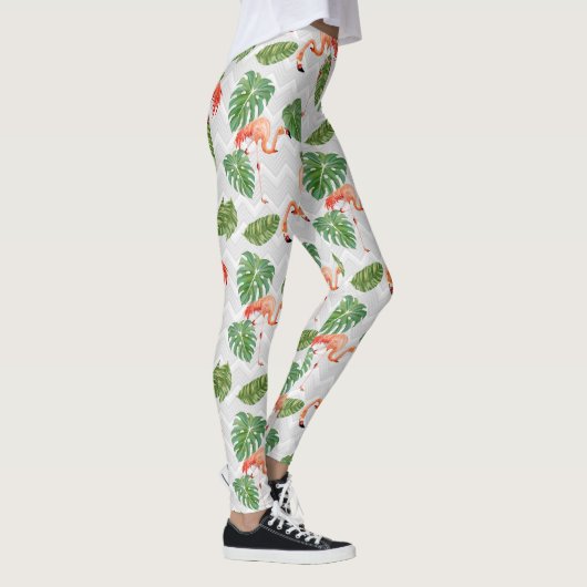 Flamingo Bird Tropical Banana Leaf Chevron Pattern Leggings (Rechts)