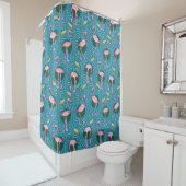 Flamingo Birds 20s Deco Ferns Blue Gold Tropical Douchegordijn (In situ)