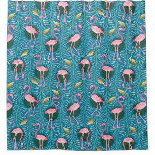 Flamingo Birds 20s Deco Ferns Blue Gold Tropical Douchegordijn