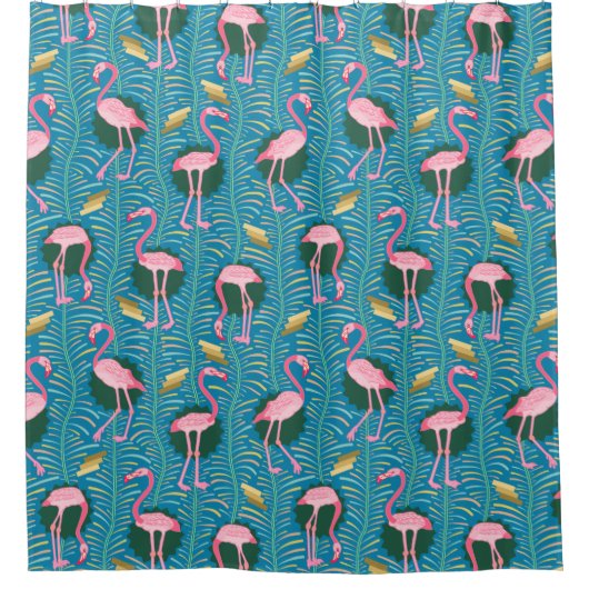 Flamingo Birds 20s Deco Ferns Blue Gold Tropical Douchegordijn (Voorkant)
