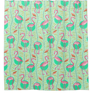 Flamingo Birds 20s Deco Ferns Light Green Tropical Douchegordijn
