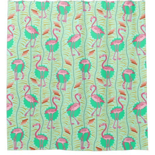 Flamingo Birds 20s Deco Ferns Light Green Tropical Douchegordijn (Voorkant)