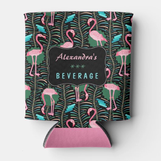 Flamingo Birds 20s Deco Ferns Pattern Black Custom Blikjeskoeler (Voorkant)