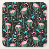 Flamingo Birds 20s Deco Ferns Pattern Black Green Kartonnen Onderzetters (Voorkant)