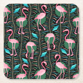 Flamingo Birds 20s Deco Ferns Pattern Black Green Kartonnen Onderzetters