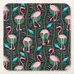Flamingo Birds 20s Deco Ferns Pattern Black Green Kartonnen Onderzetters