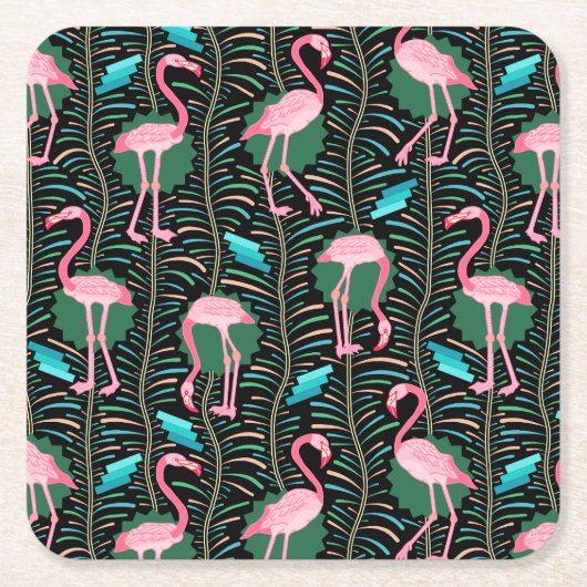 Flamingo Birds 20s Deco Ferns Pattern Black Green Kartonnen Onderzetters (Voorkant)
