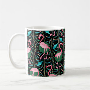 Flamingo Birds 20s Deco Ferns Pattern Black Green Koffiemok