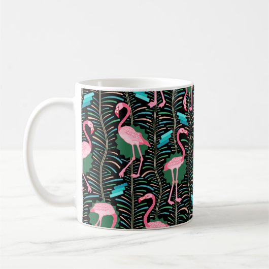 Flamingo Birds 20s Deco Ferns Pattern Black Green Koffiemok (Links)