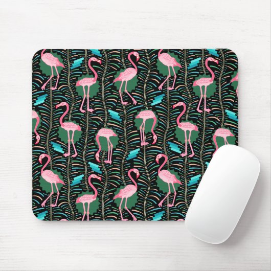 Flamingo Birds 20s Deco Ferns Pattern Black Green Muismat (Met muis)