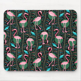Flamingo Birds 20s Deco Ferns Pattern Black Green Muismat