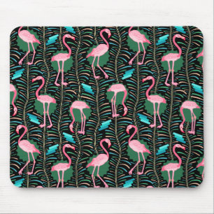 Flamingo Birds 20s Deco Ferns Pattern Black Green Muismat