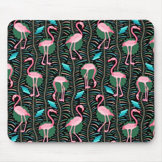 Flamingo Birds 20s Deco Ferns Pattern Black Green Muismat (Voorkant)