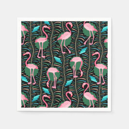 Flamingo Birds 20s Deco Ferns Pattern Black Green Servetten