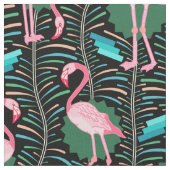 Flamingo Birds 20s Deco Ferns Pattern Black Green Stof (Close Up)