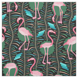 Flamingo Birds 20s Deco Ferns Pattern Black Green Stof