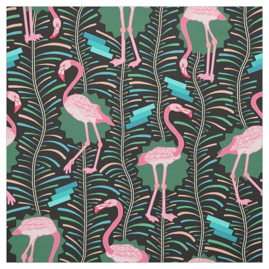 Flamingo Birds 20s Deco Ferns Pattern Black Green Stof (Swatch)