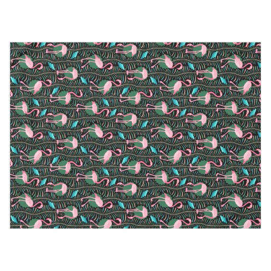 Flamingo Birds 20s Deco Ferns Pattern Black Green Tafelkleed (Voorkant (Horizontaal))