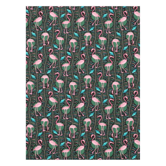 Flamingo Birds 20s Deco Ferns Pattern Black Green Tafelkleed (Voorkant)