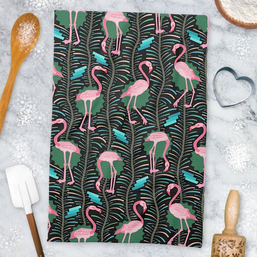 Flamingo Birds 20s Deco Ferns Pattern Black Green Theedoek