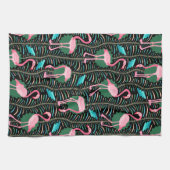 Flamingo Birds 20s Deco Ferns Pattern Black Green Theedoek (Horizontaal)