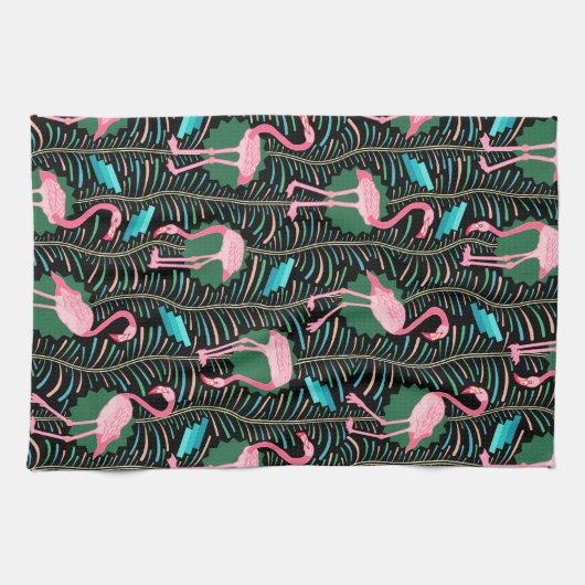 Flamingo Birds 20s Deco Ferns Pattern Black Green Theedoek (Horizontaal)