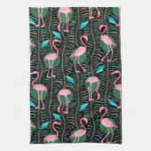 Flamingo Birds 20s Deco Ferns Pattern Black Green Theedoek (Verticaal)
