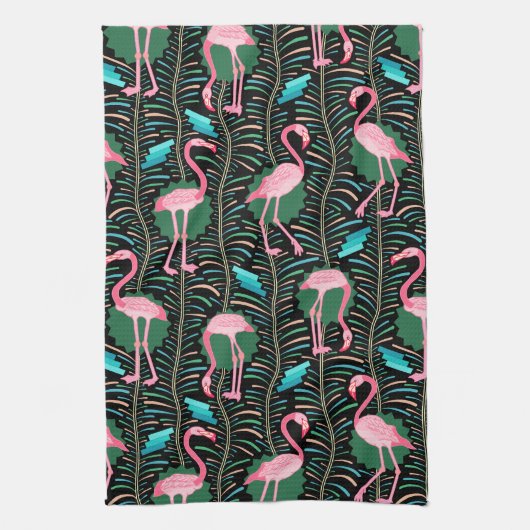 Flamingo Birds 20s Deco Ferns Pattern Black Green Theedoek (Verticaal)