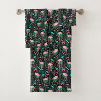 Flamingo Birds 20s Deco Ferns Pattern Black Pink