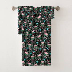 Flamingo Birds 20s Deco Ferns Pattern Black Pink Bad Handdoek