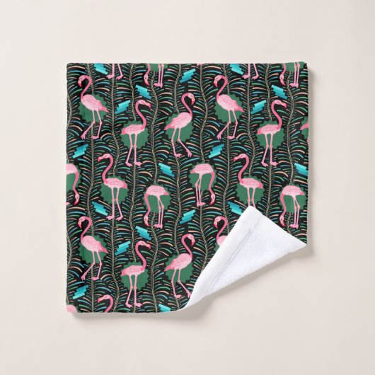 Flamingo Birds 20s Deco Ferns Pattern Black Pink Bad Handdoek (Wasdoekje)
